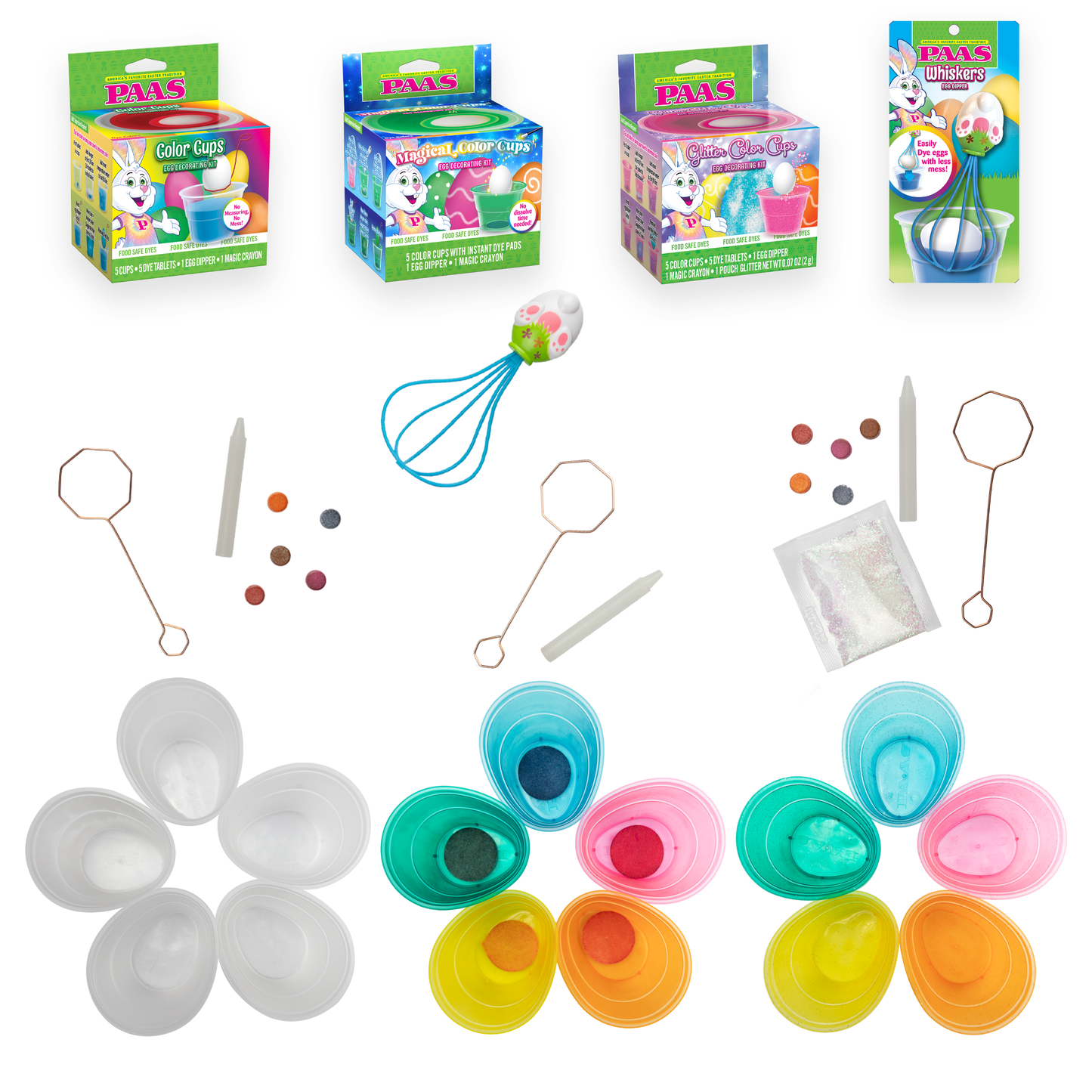 Color Cups Egg Decorating Kits with Whiskers Tool - 4 Piece Bundle